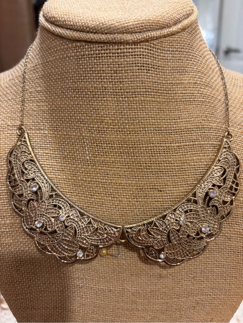 Delicate Gold Filigree Collar Necklace with Crystal Accents